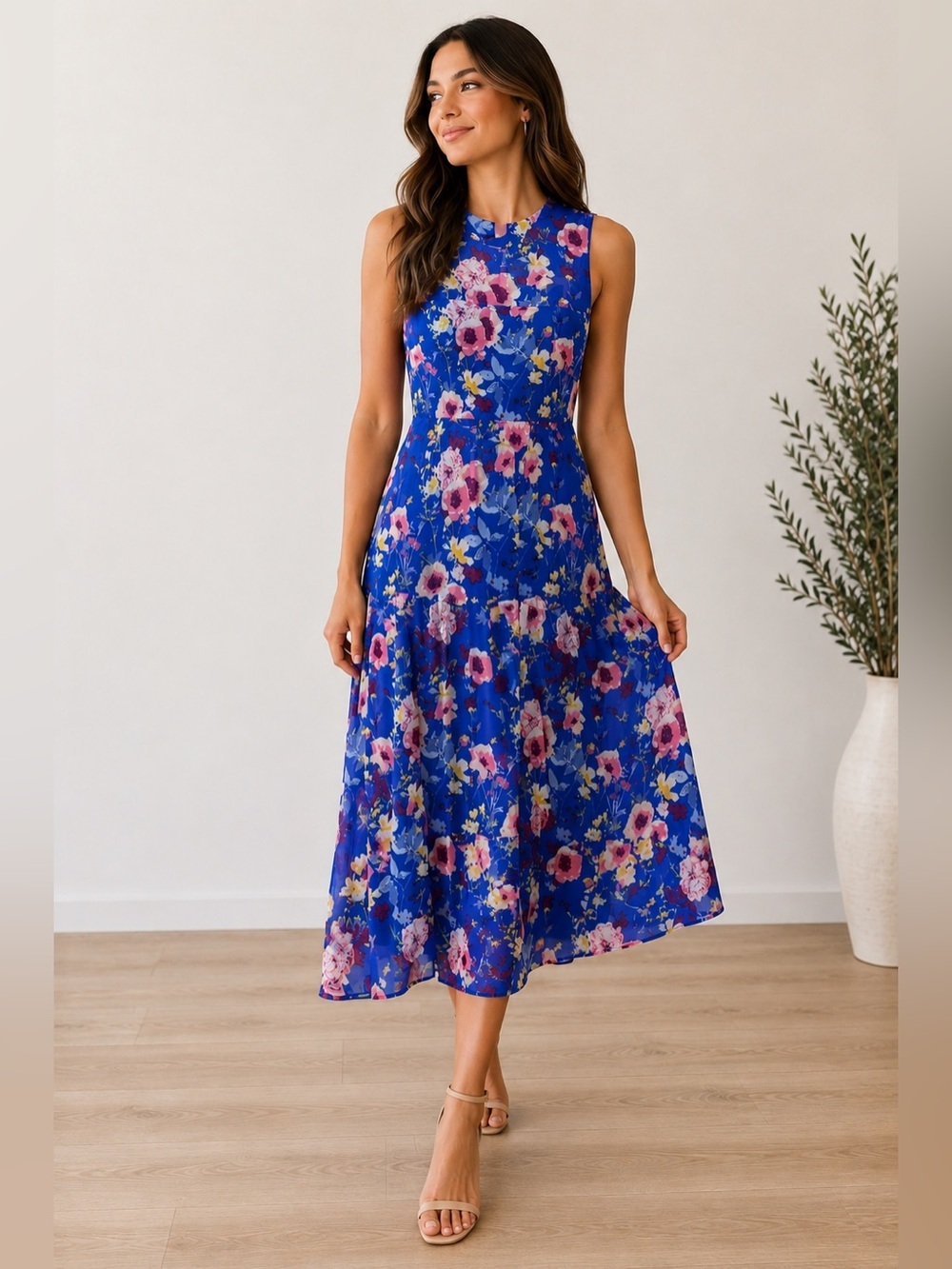Lulus Blue Floral Sleeveless Midi Dress – XS